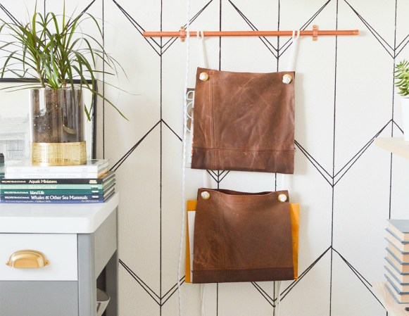 diy leather hanging magazine rack by vintage revivals