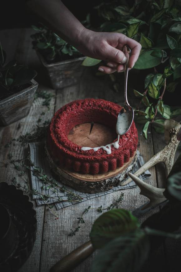 beet dye red velvet cake with goat cheese thyme icing