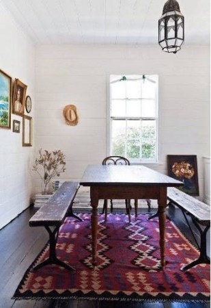 modern rustic interior design white dining room with pink rug