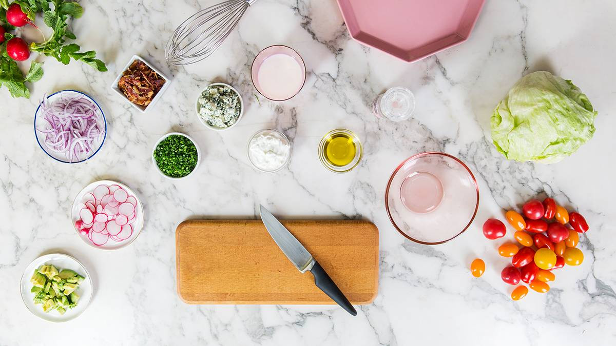 Iceberg Wedge Salad Recipe Ingredients On Marble Table