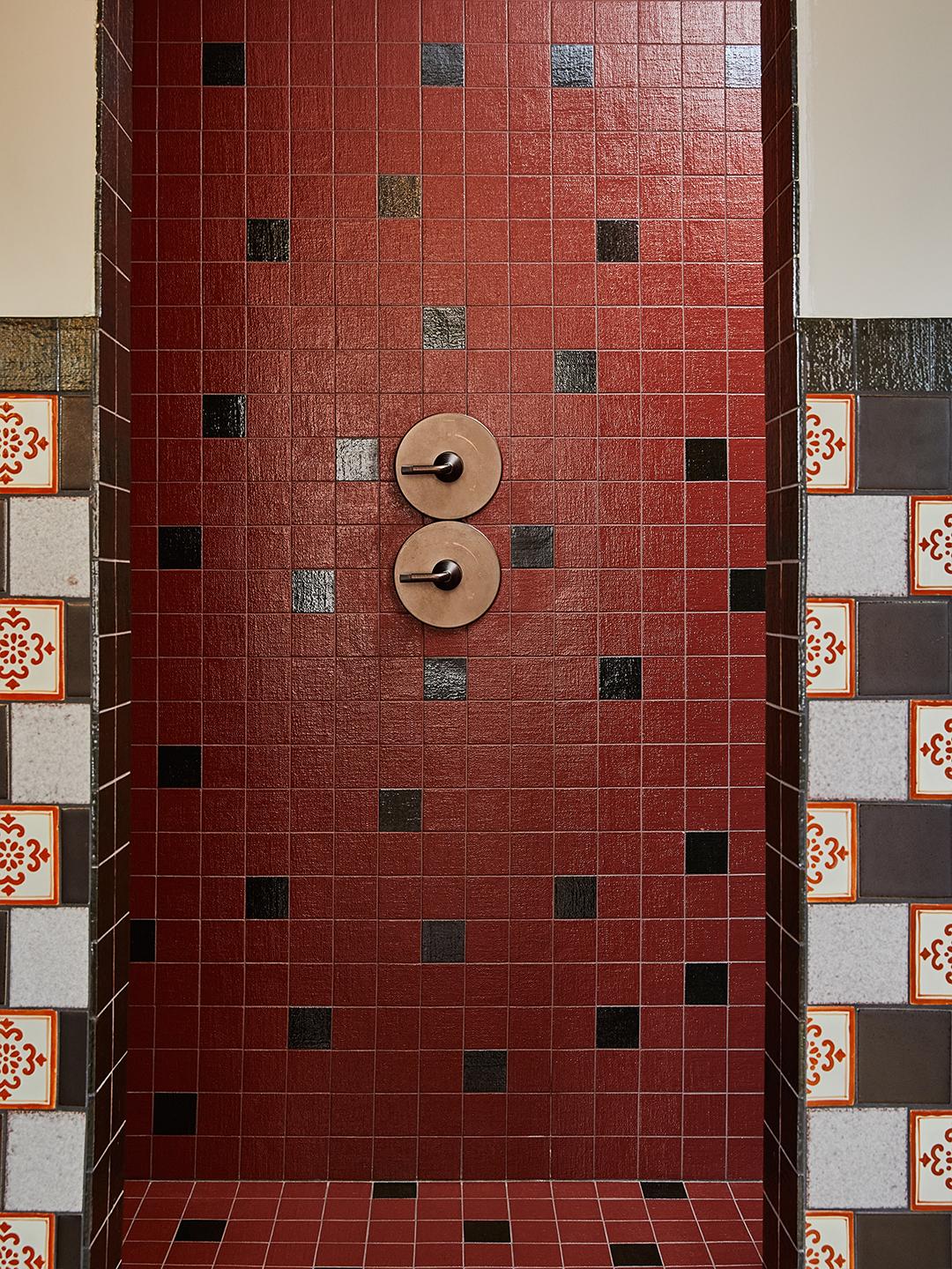 red tiled shower