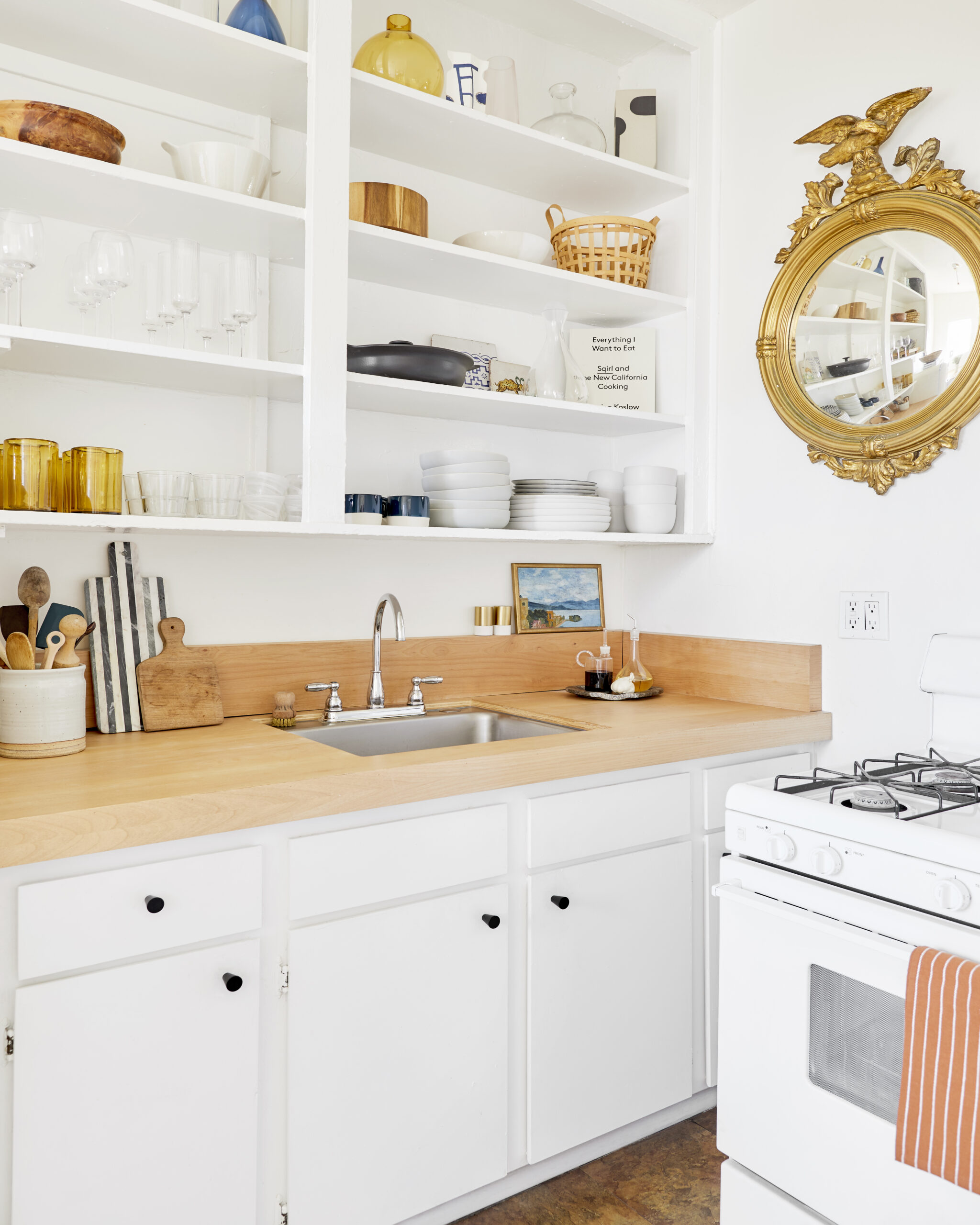 butcher block and white cabinets