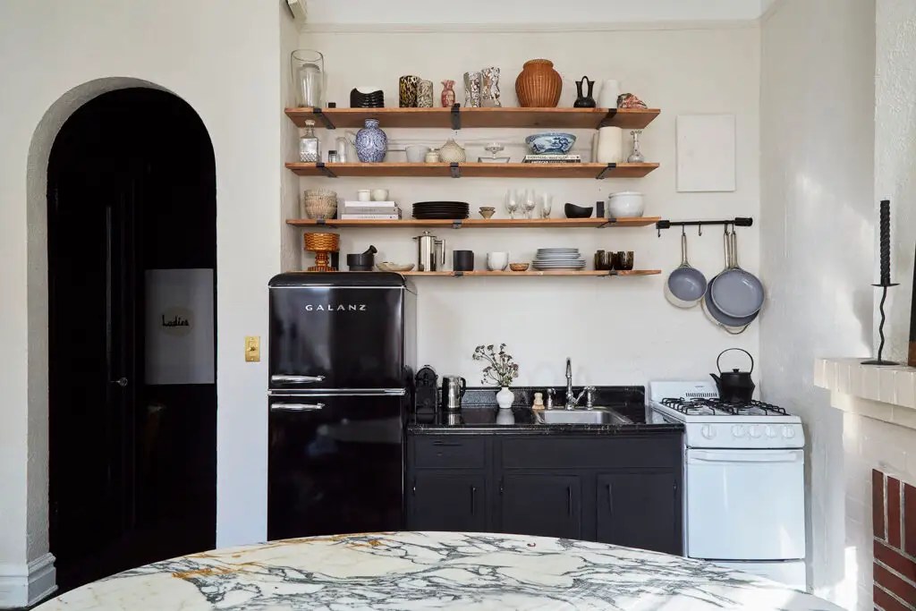 black cabients and marble table