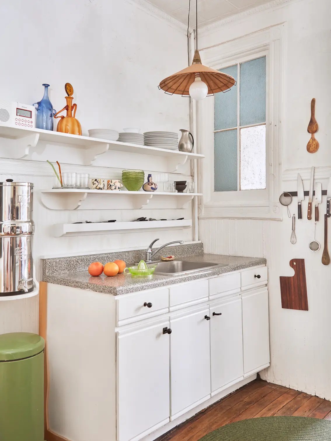 grey counters and white cabinets