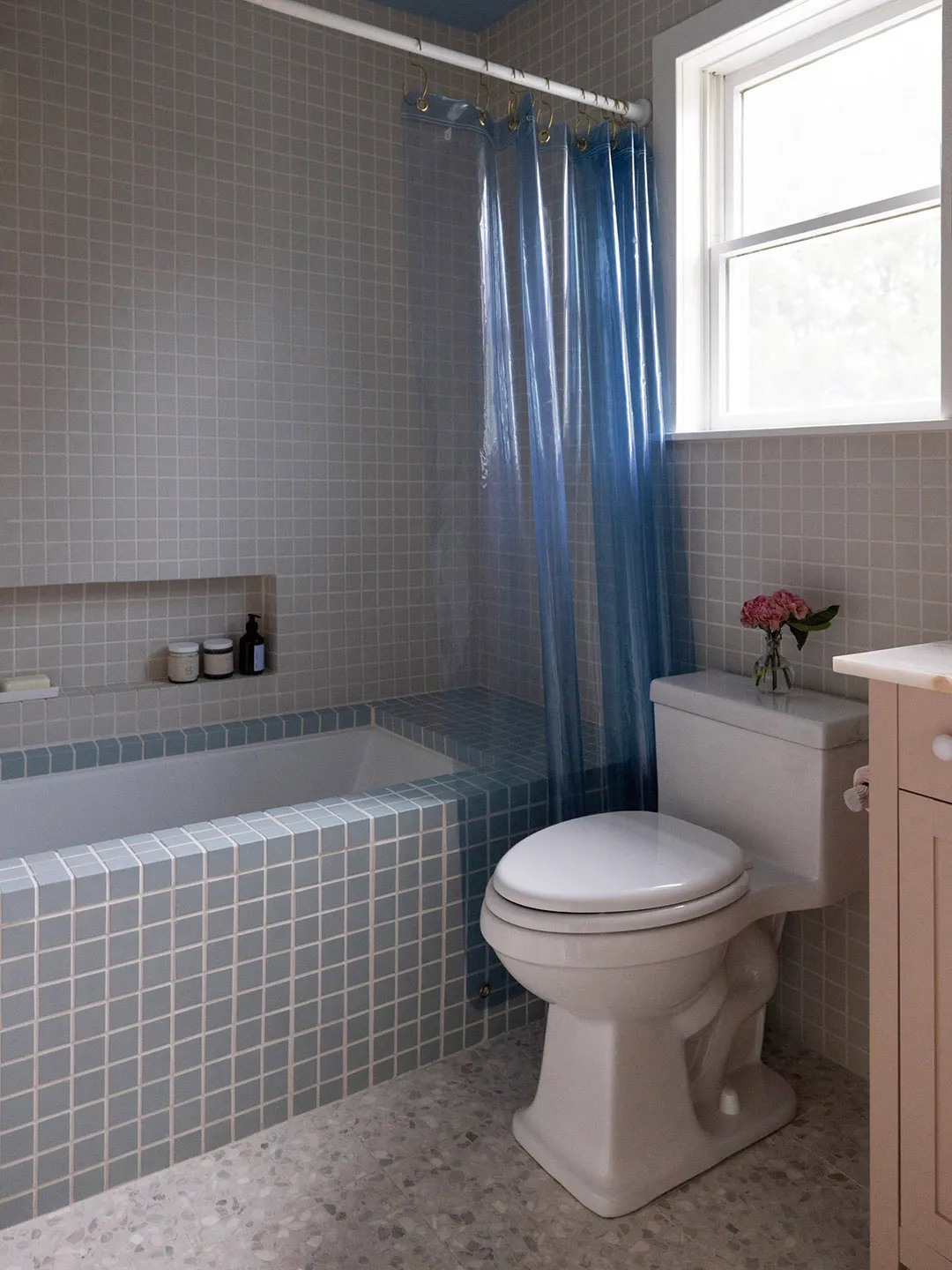 blue square tiled bathroom