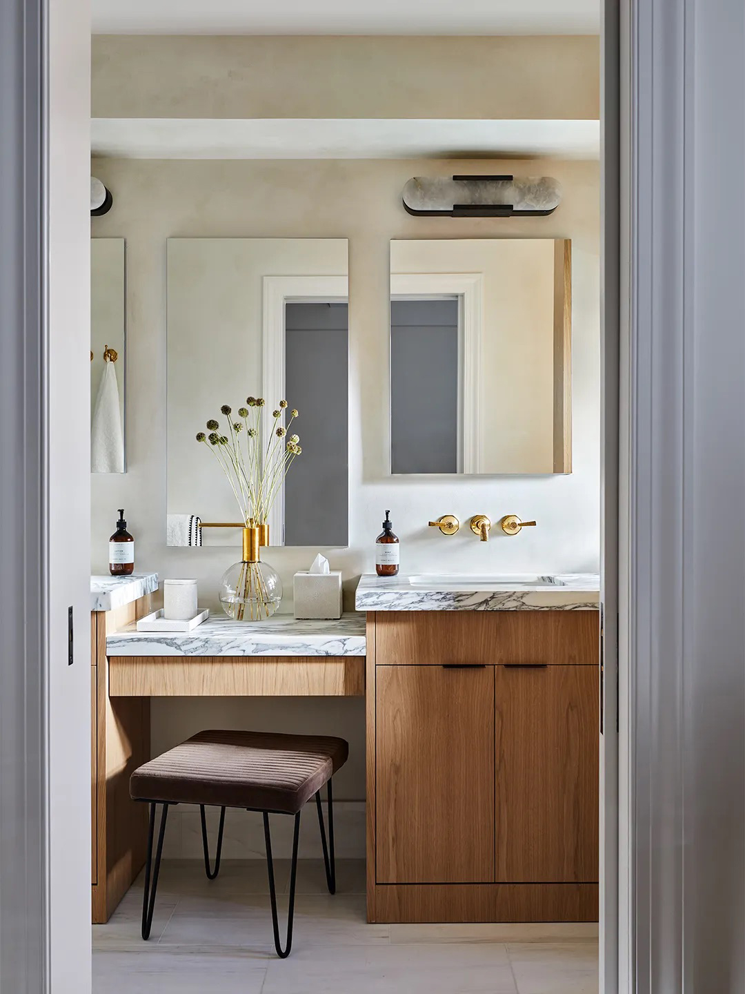 wood vanity with three tiers