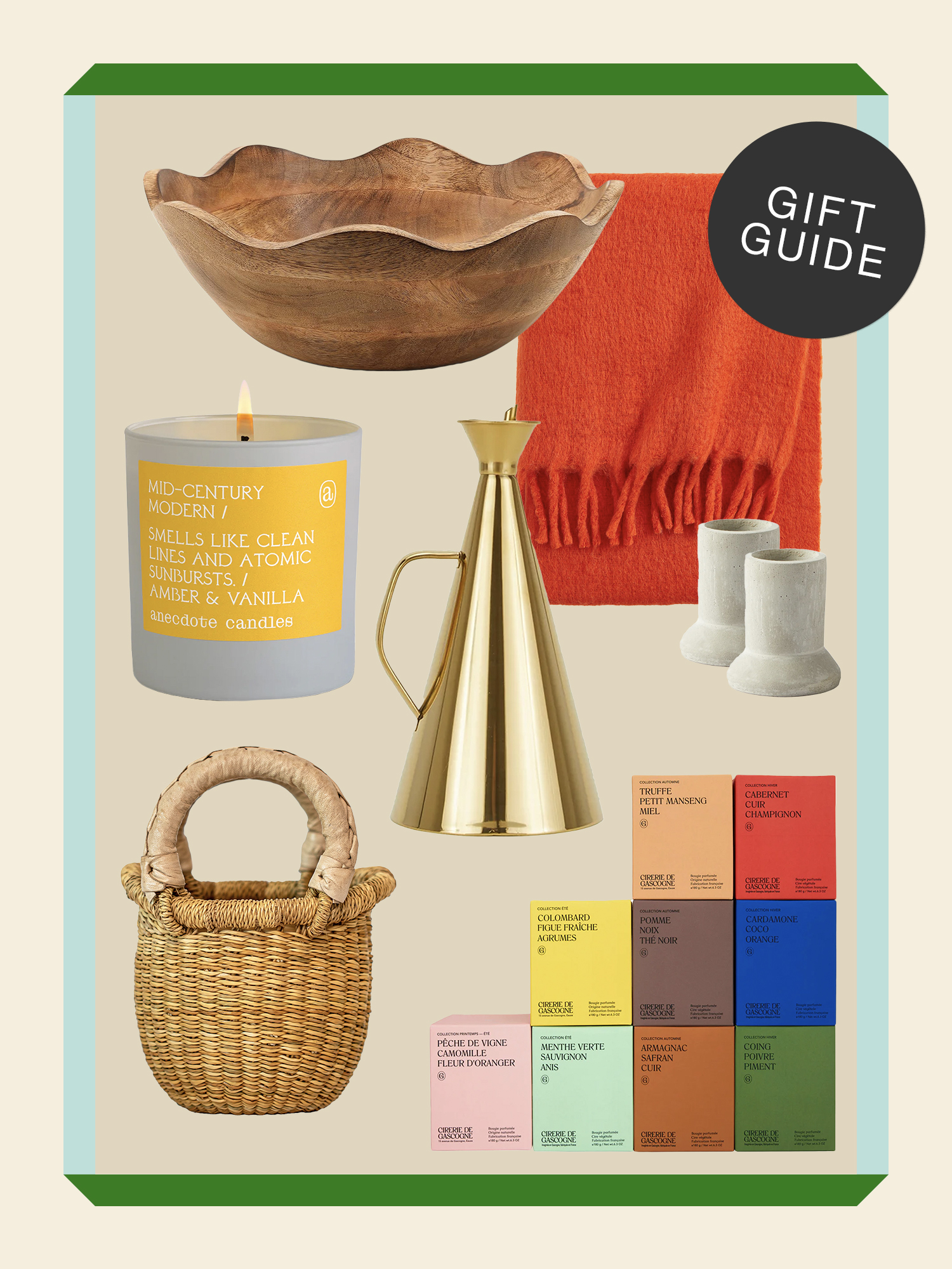 gift guide collage with boxed candles, orange throw blanket, wavy wood bowl, mini basket, and brass cruet