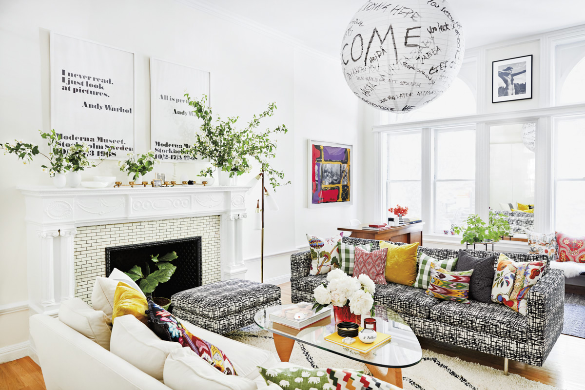 white living room with fireplace