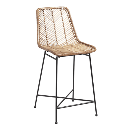  Wicker Stool with Backrest and Metal Legs