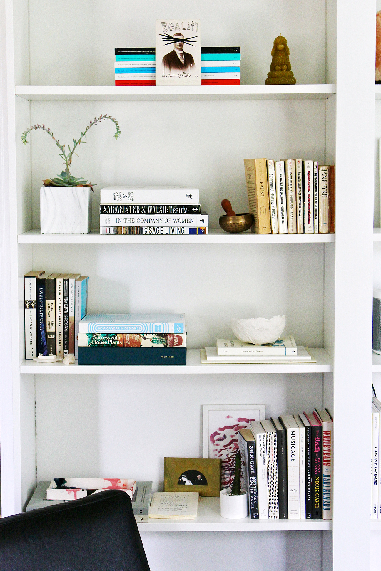 close up shot of a white bookcase with books and plants displayed