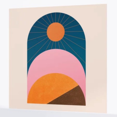  abstract wall mural depicting a sun and mountains