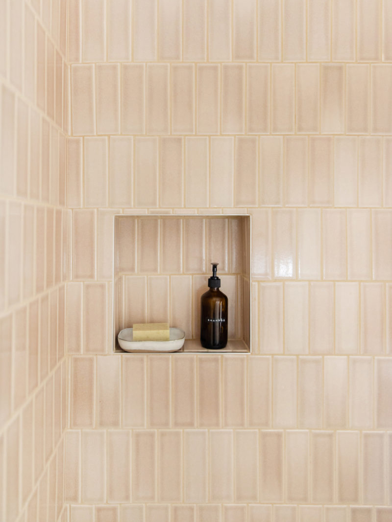 pale pink vertical shower tile