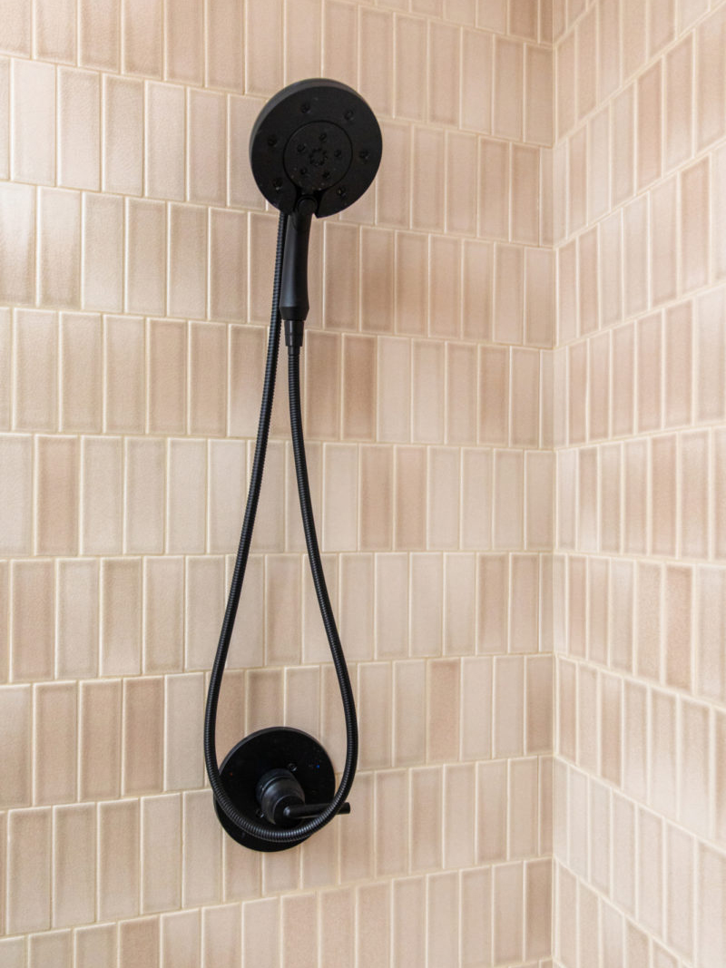 pale pink vertical shower tile