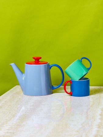 blue and red teapot