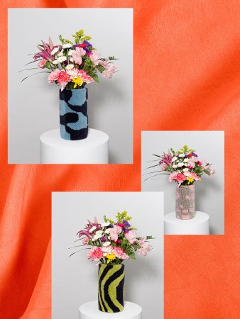 three images of furry vases on an orange background