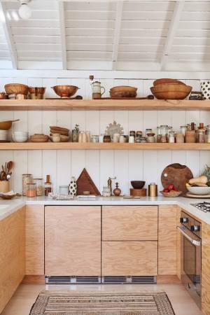 plywood kitchen with open wood shelves