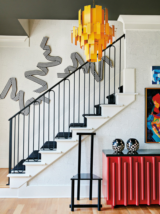 black and white ribbons mounted in a stairwell