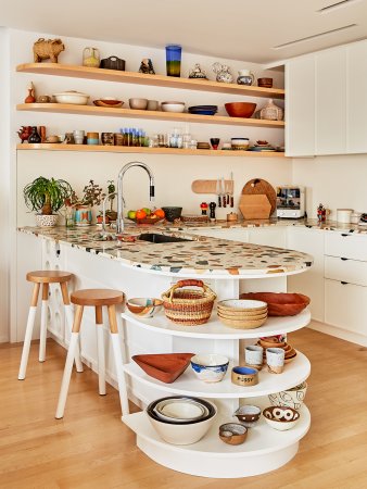 terrazzo kitchen with open shelves