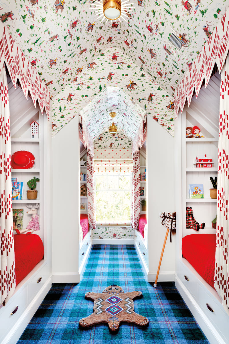 view looking down a room full of bunkbeds