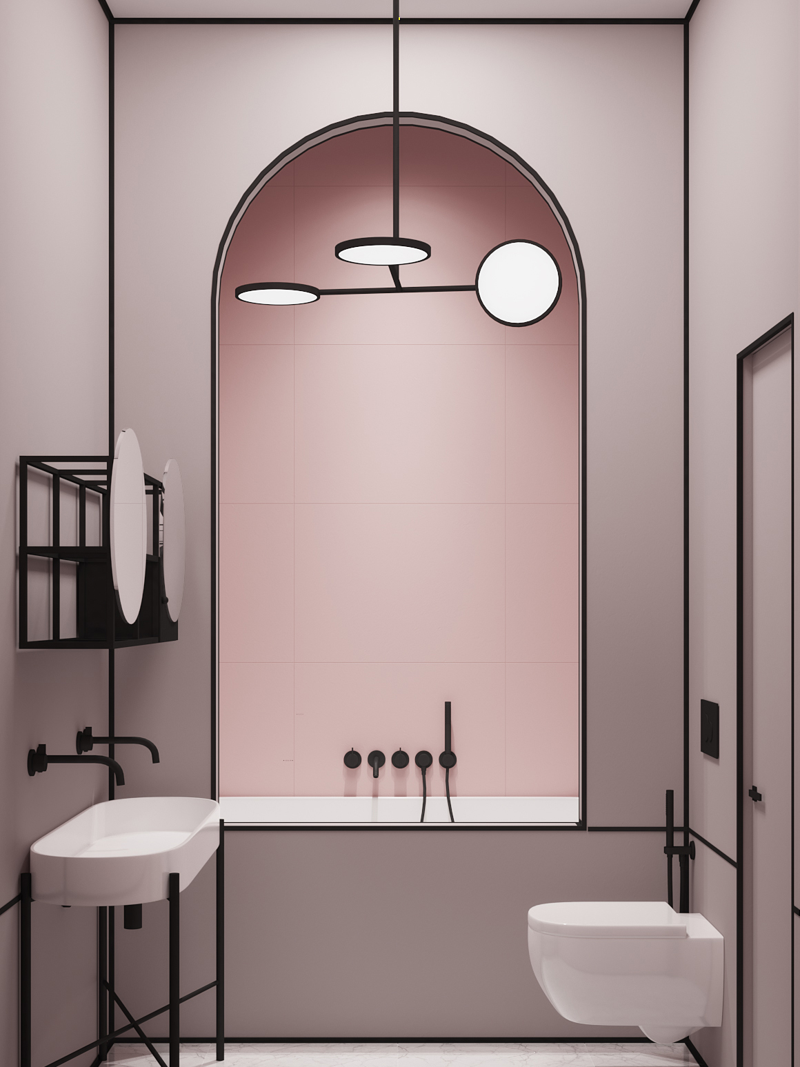 pink shower with archway bathrub