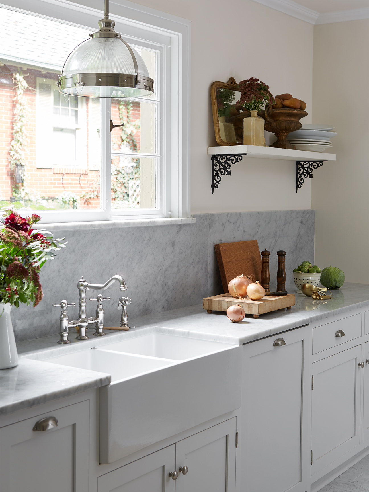 kitchen with open shelving. 