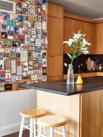 kitchen with bulletin board