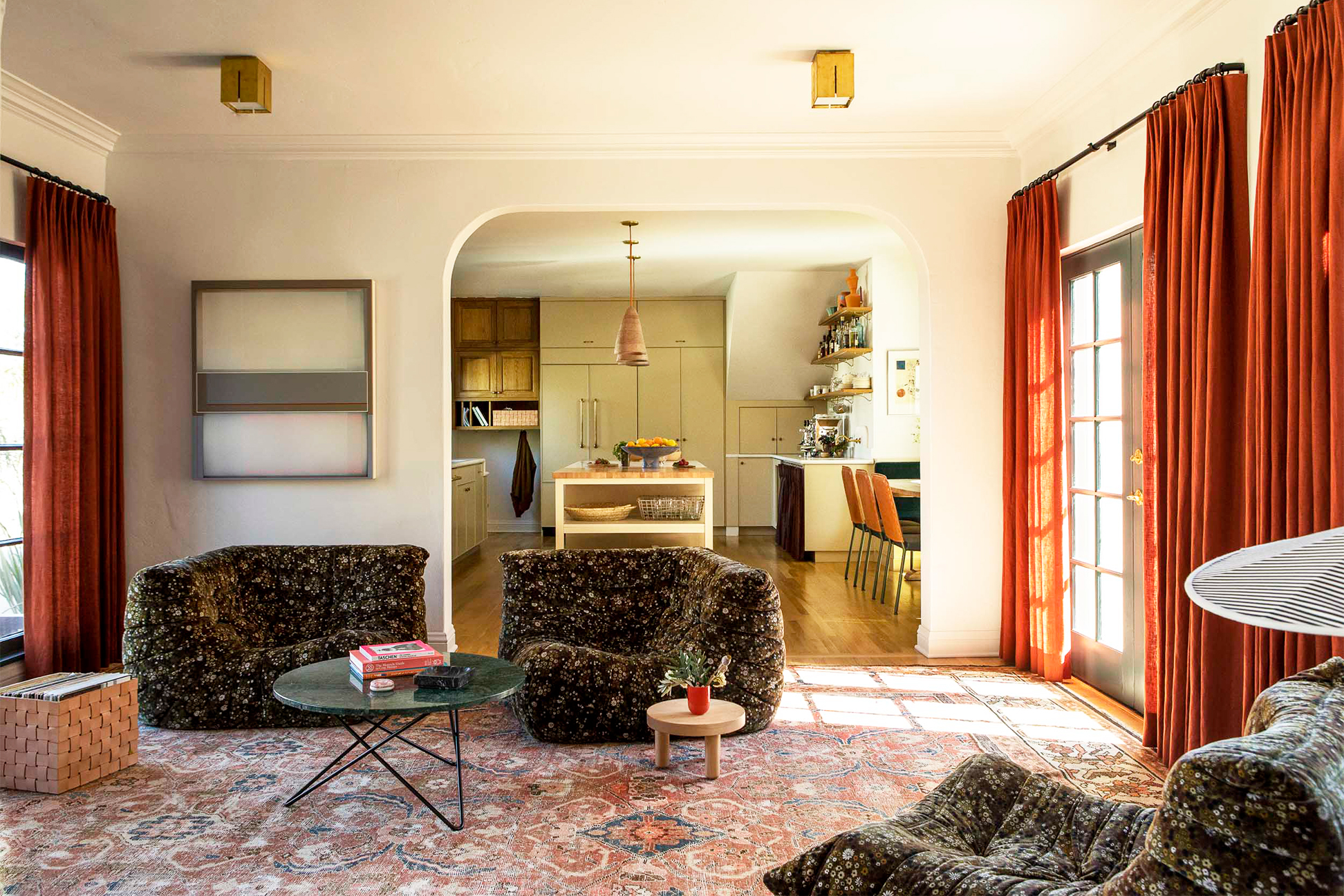 Orange curtains in lounge room