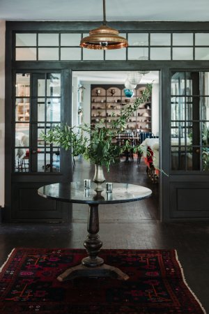 Image of a living room with dark floors