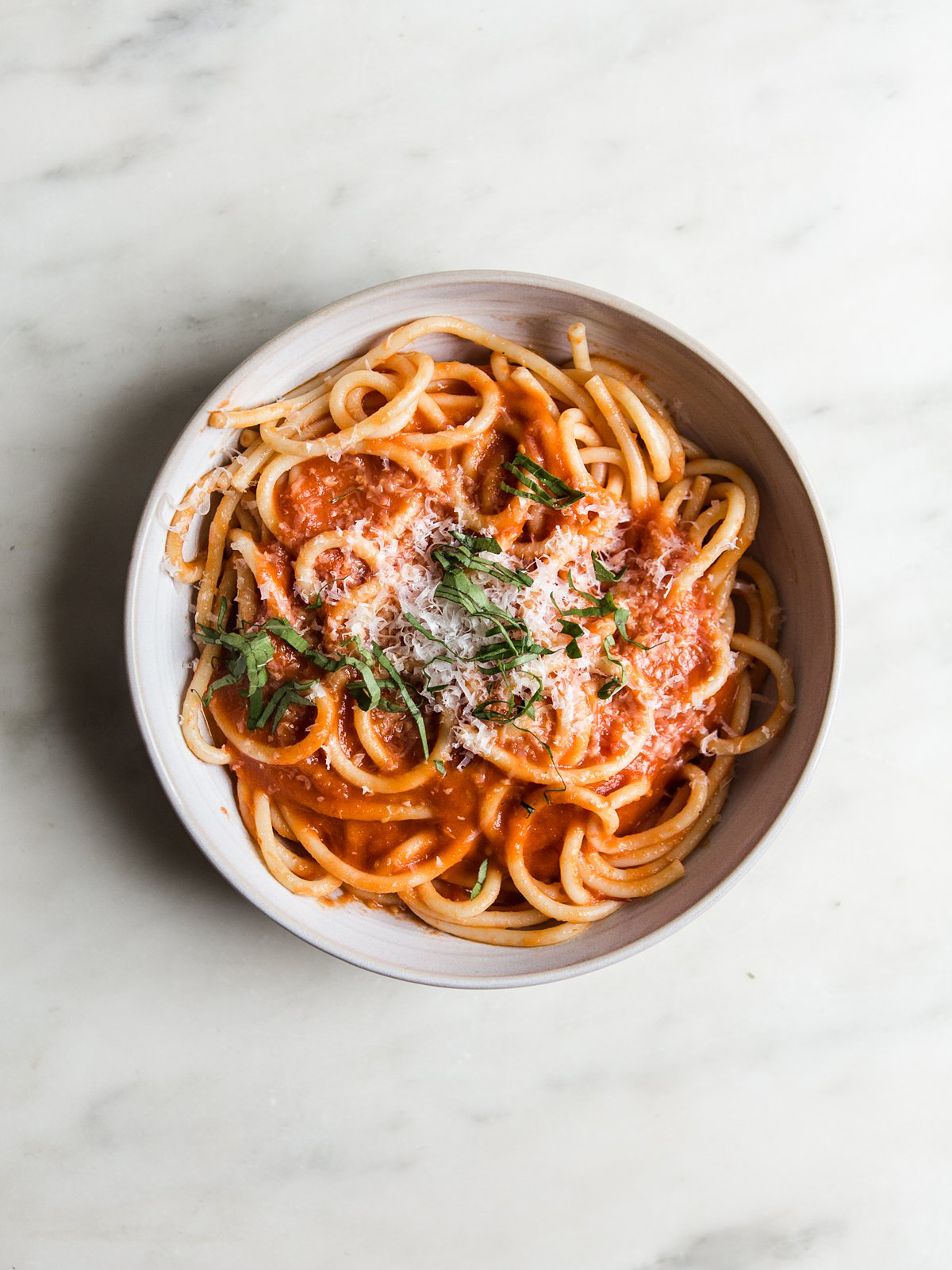 Bowl of spaghetti with red sauce