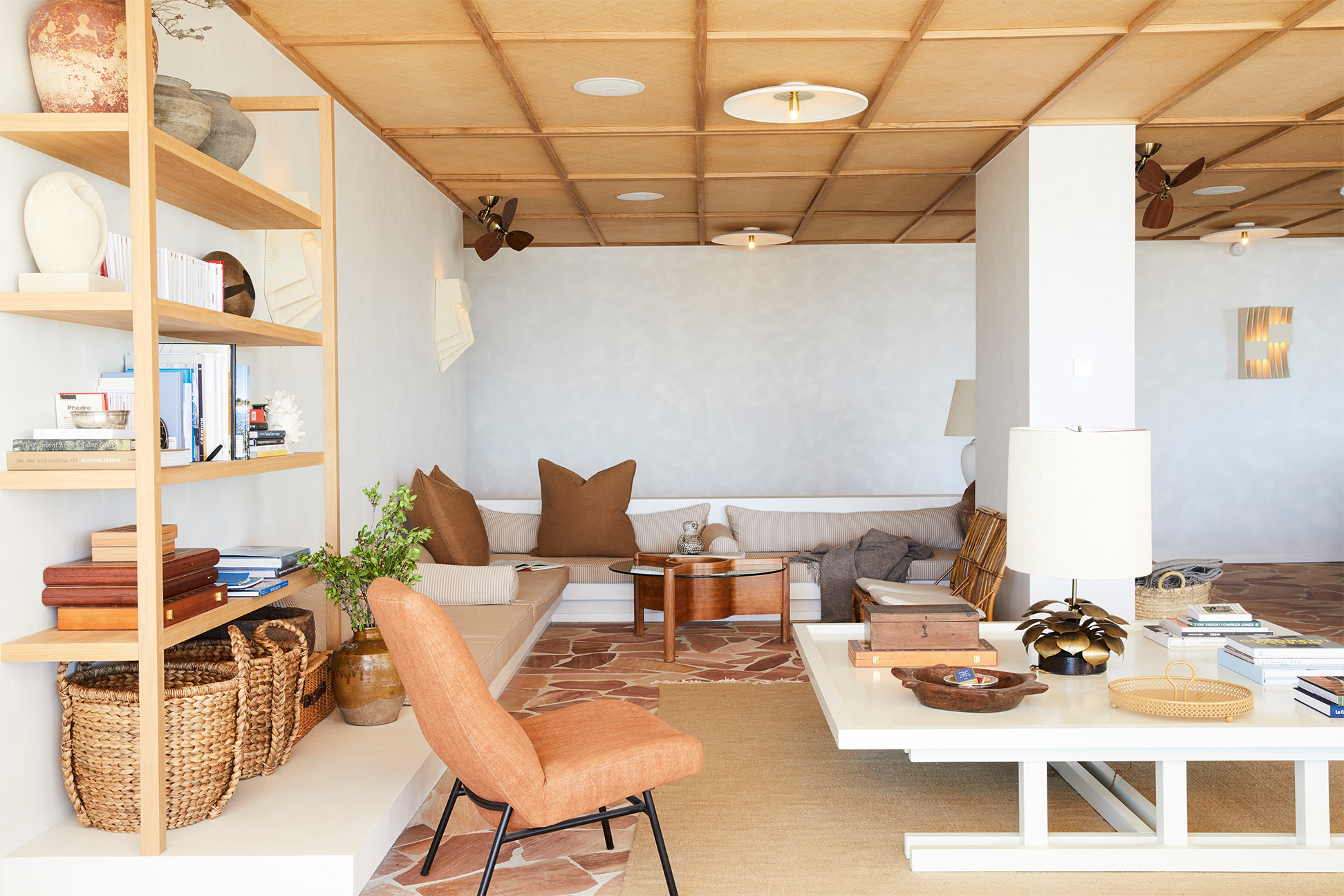 White and tan hotel interior with terrazzo floors