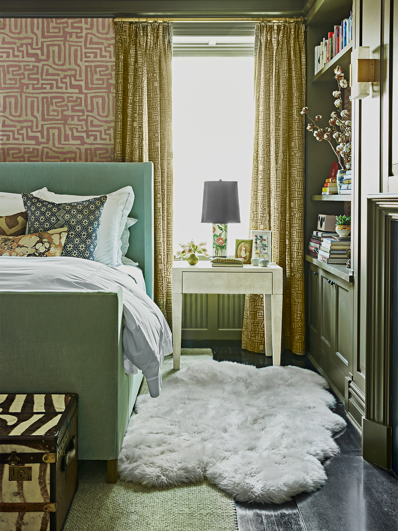 Green Bedroom With White Sheepskin Rug