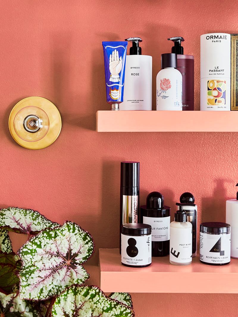 pink wall with pink floatign shelves