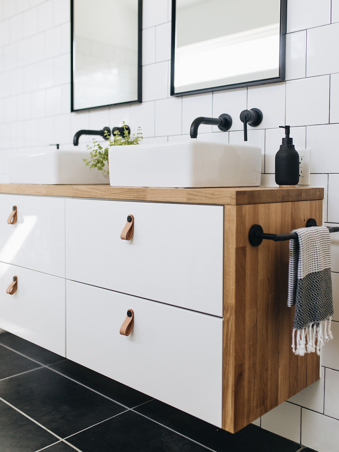 wood and white double sink vanity