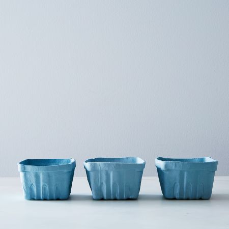  three blue porcelain berry baskets