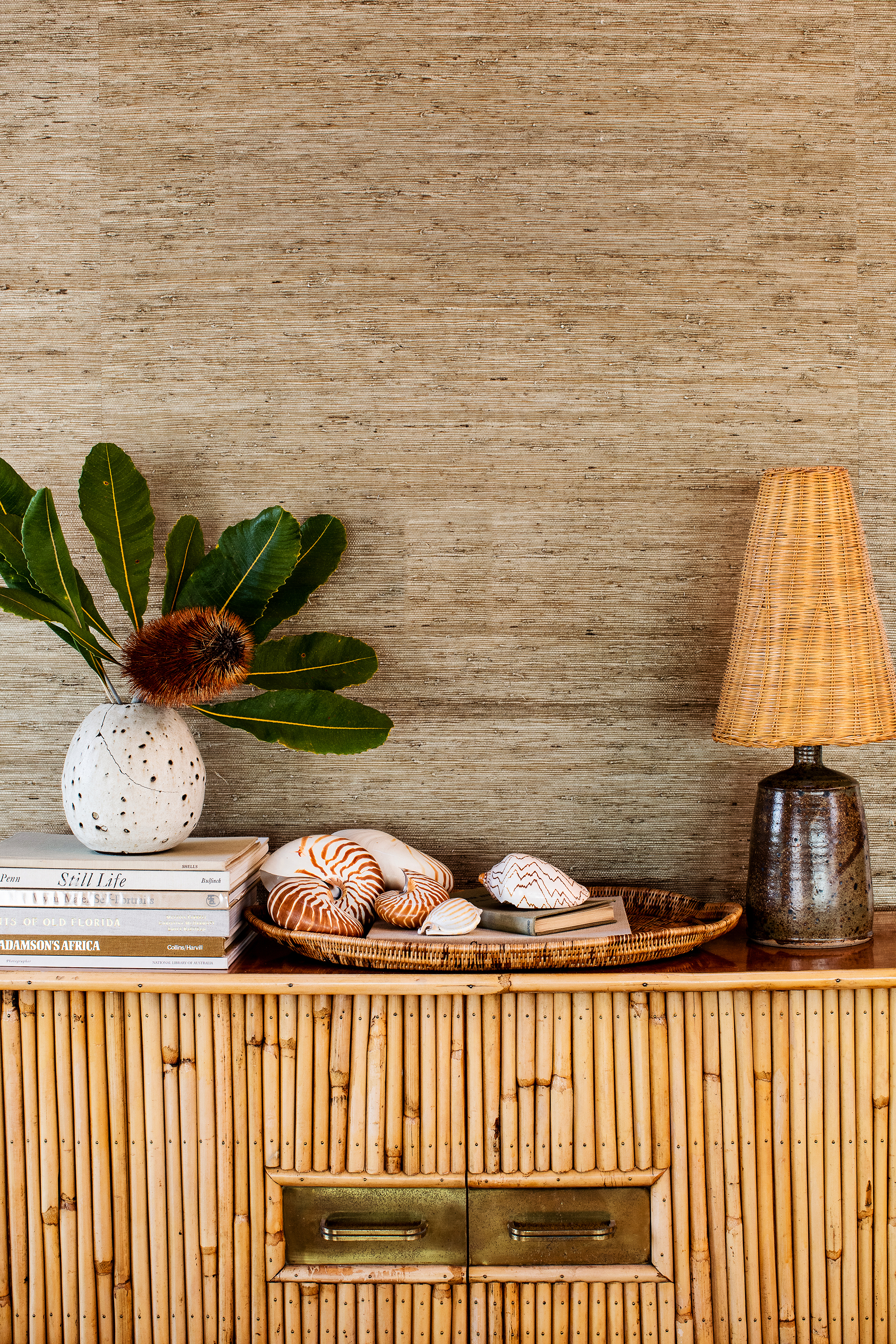 lamp and plant and tray on a table