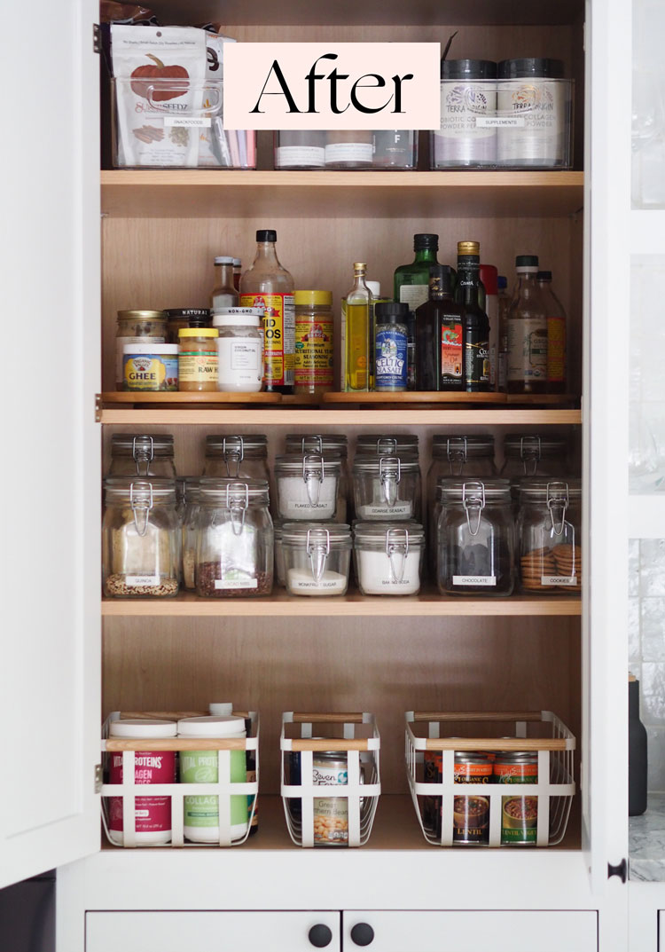 after photo of a tidy pantry cabinet with shelves