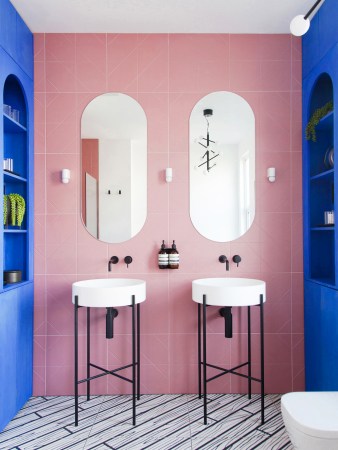 pink and blue bathroom double sinks