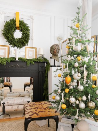 christmas tree and wreath in living room