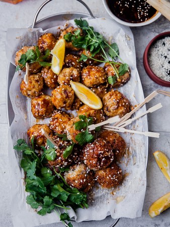 chicken meatballs on white plate