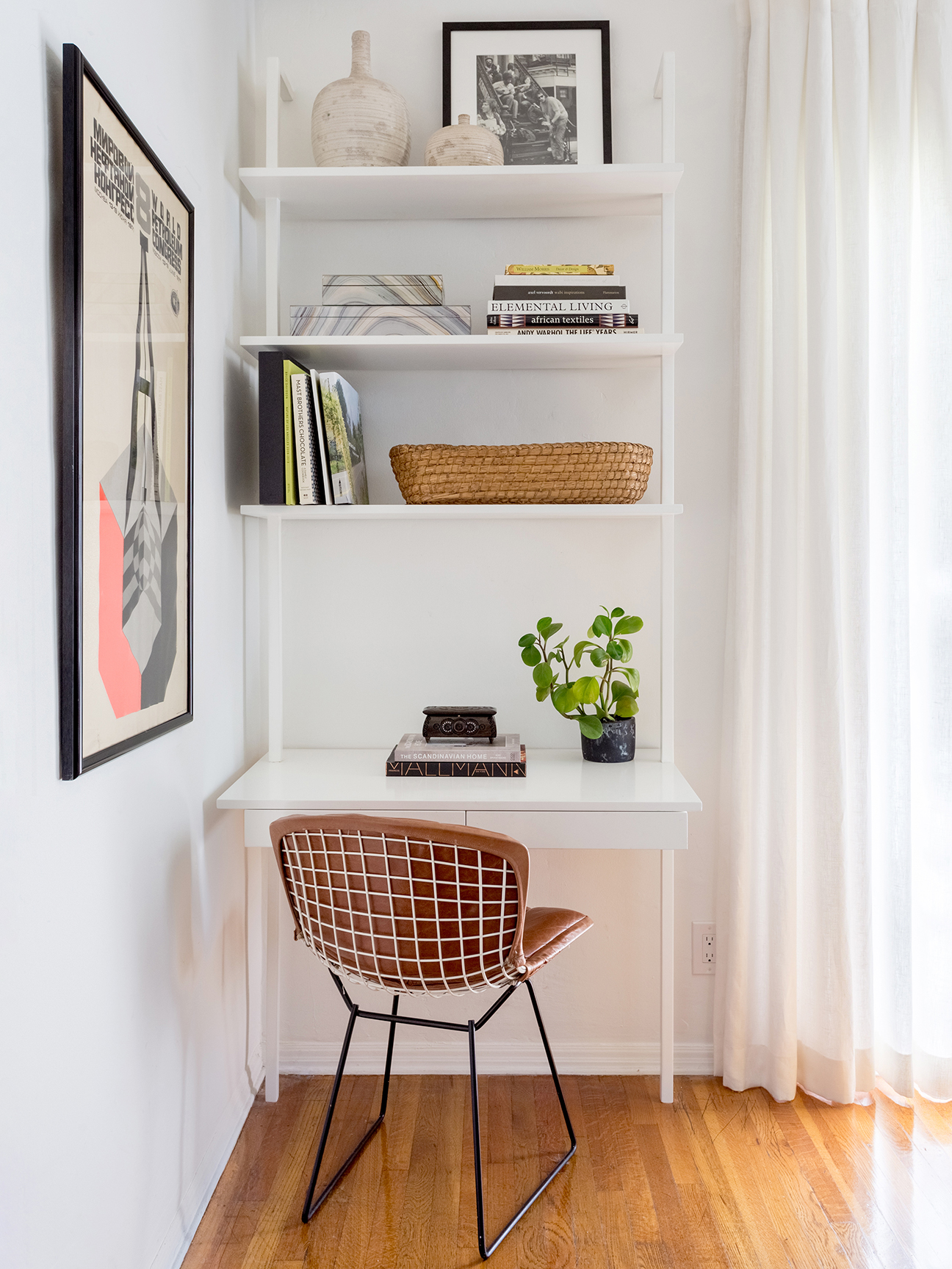 built in white desk with shelves