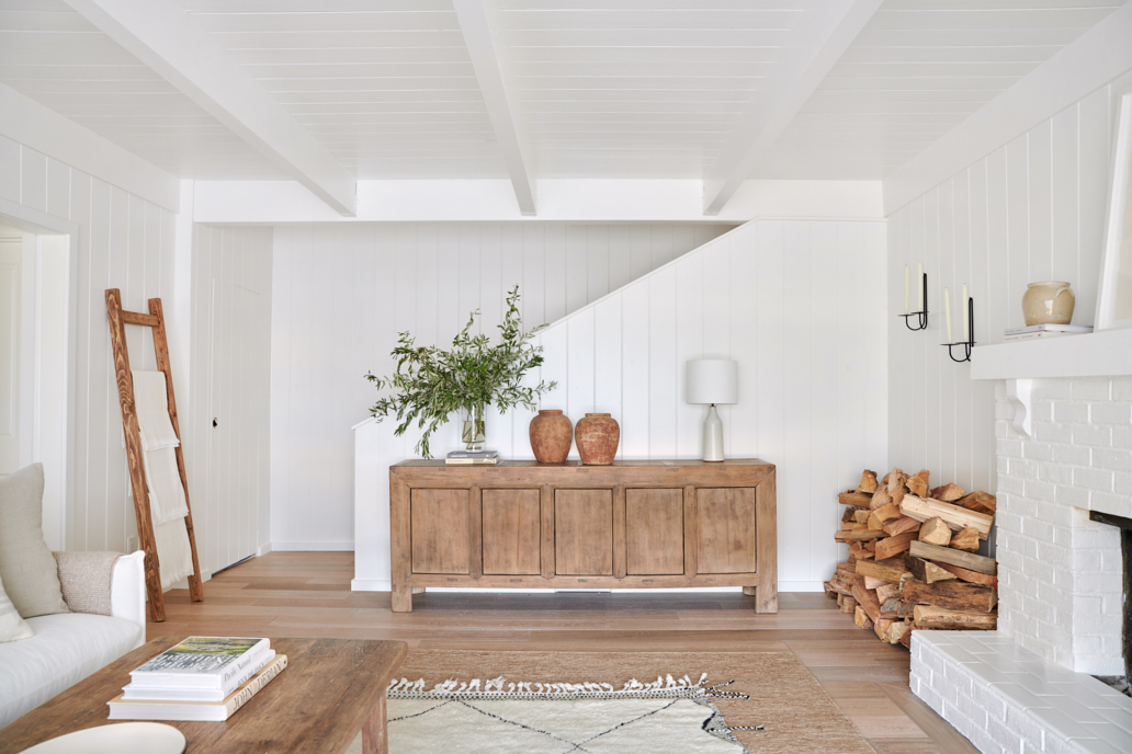 White living room with shiplap walls