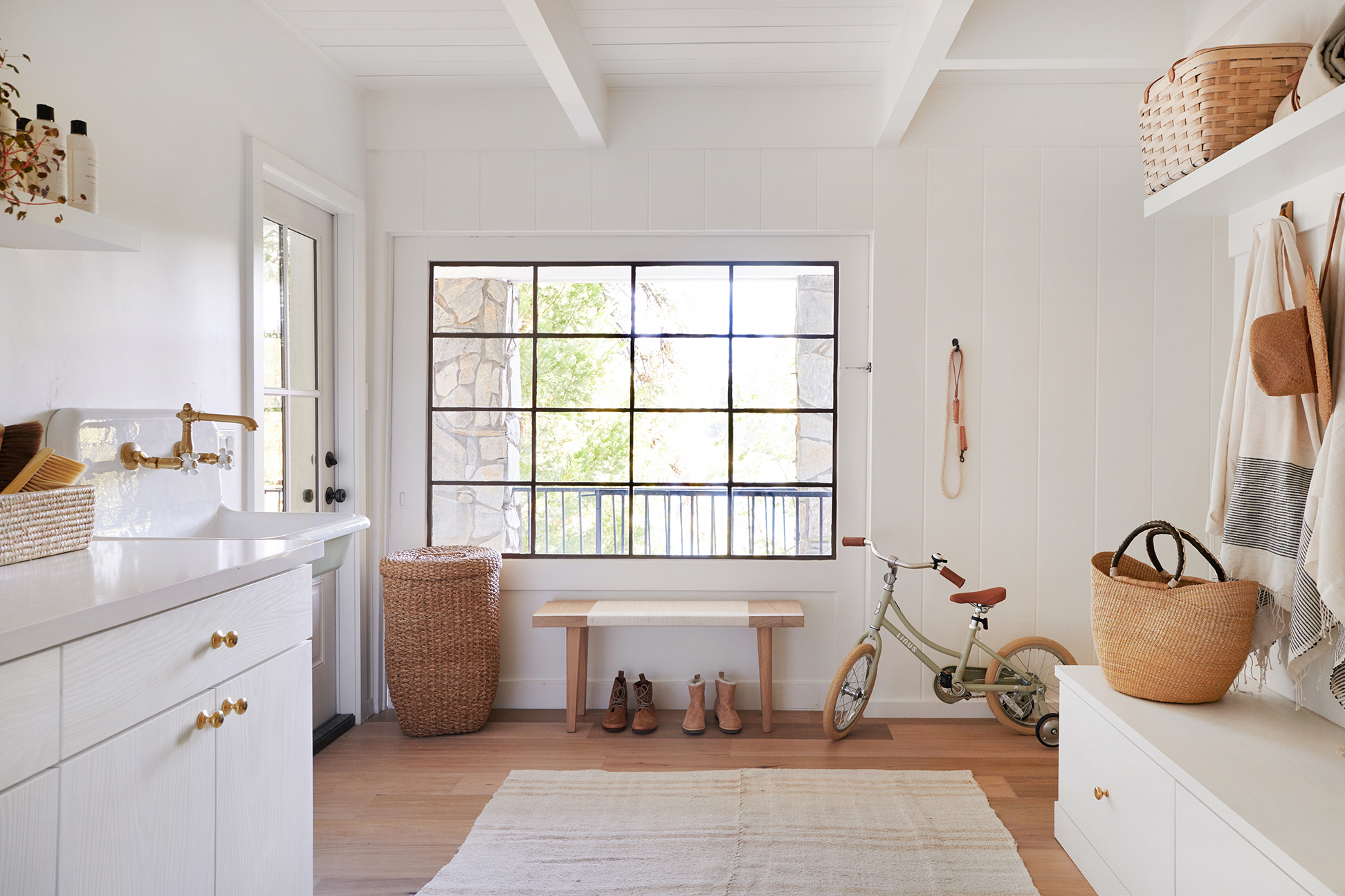 White mudroom with built-in cabinets