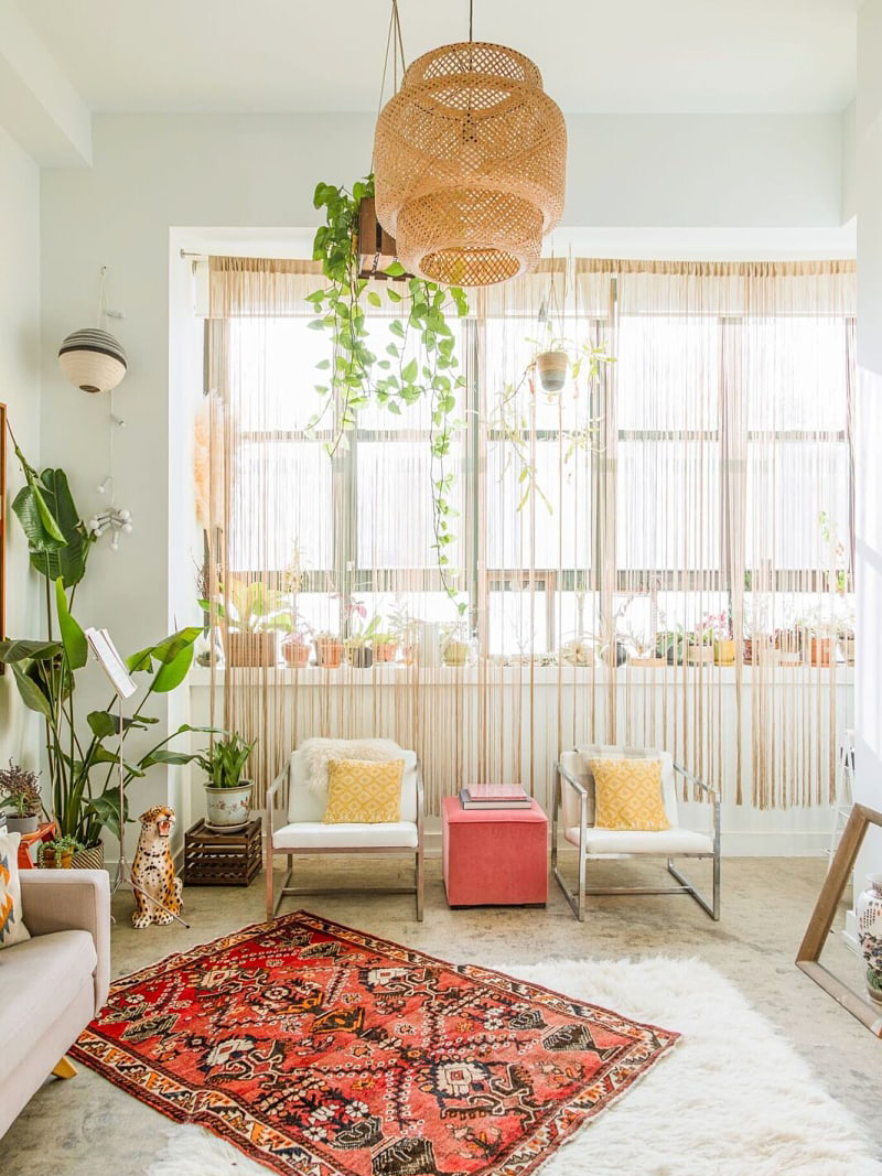 boho living room with big windows