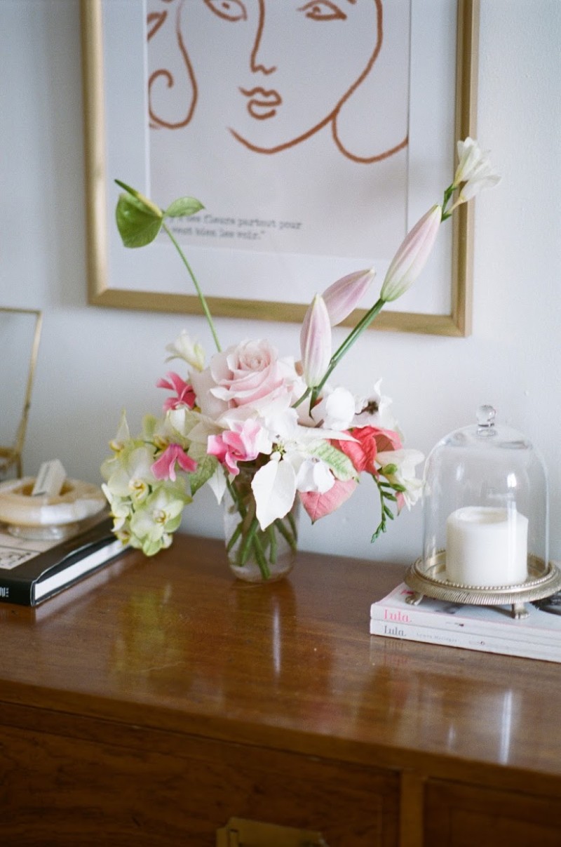 bouquet of flowers on dresser