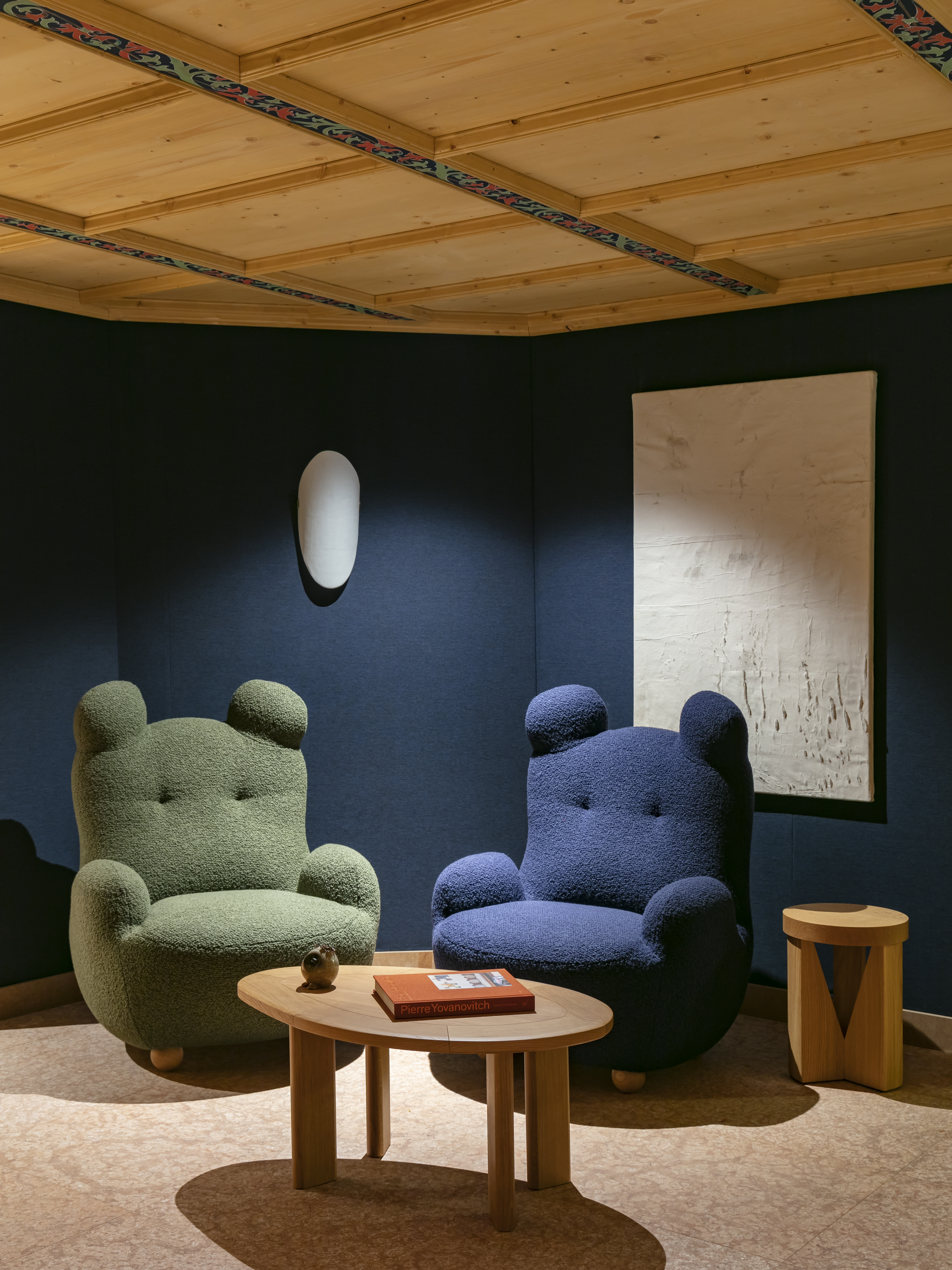 dark blue room with wood ceiling