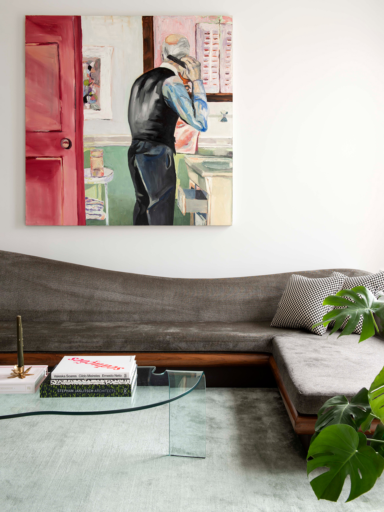 Living room with wavy gray velvet sectional