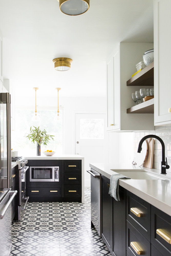 galley kitchen black and white