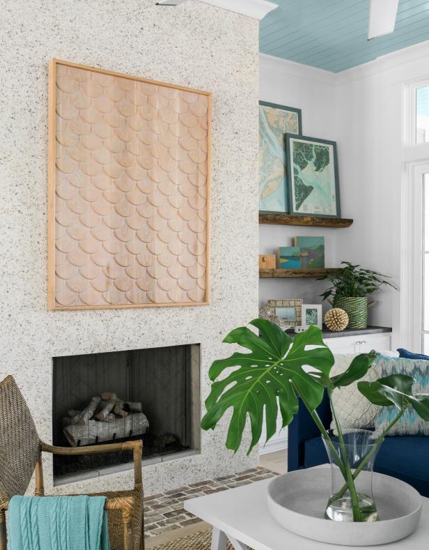 Living room with white built-in fireplace