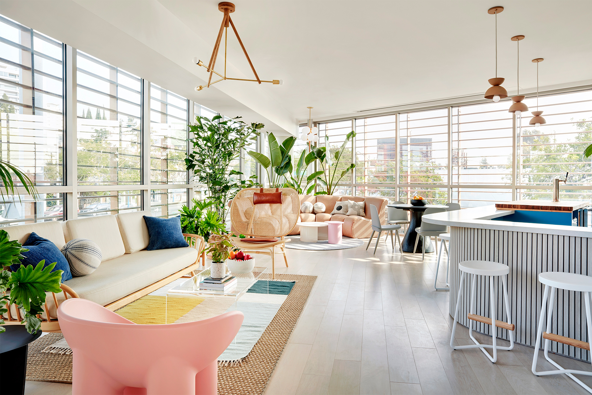 Waiting room with eclectic colorful furniture