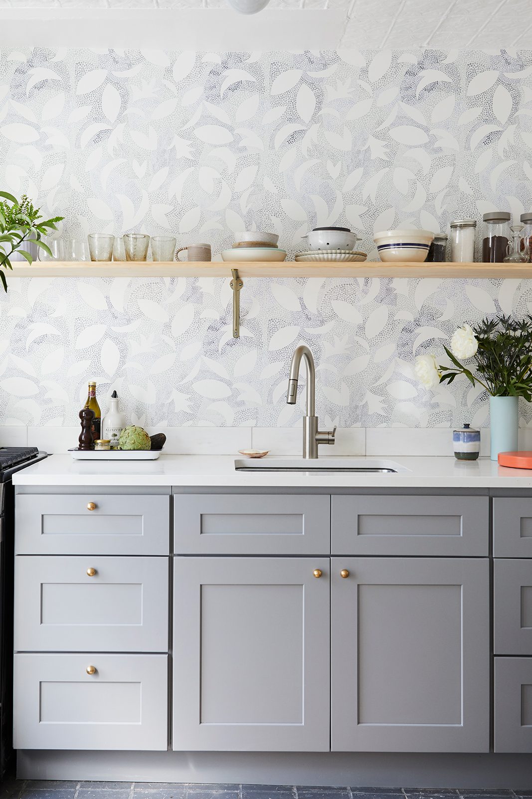 gray cabinets and open kitchen shelves